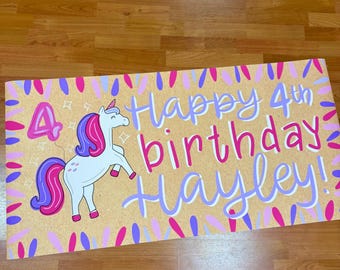 Personalized Unicorn Birthday Banner, Custom Girls Birthday Party Sign, Pink Purple Unicorn Backdrop, Any Age Name Banner, 24x48