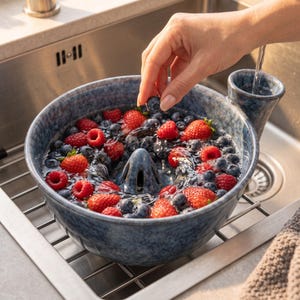 Può includere: Una ciotola scolabacche in ceramica blu maculata con un cono di drenaggio centrale e un beccuccio laterale. La ciotola è riempita d'acqua, fragole rosse fresche e mirtilli blu scuro, con un piccolo accessorio a forma di imbuto sul lato.