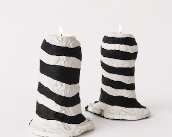 Handmade Paper Clay Candle Holders Pair | Hand-Painted Sculptural Decor