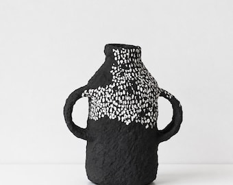 Handmade Paper Clay Vase | Sculptural Black White Art Home Decor