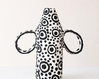 Handmade Paper Clay Vase | Sculptural Black White Art Home Decor