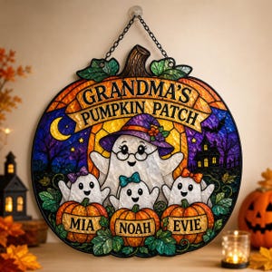 Atrapasueños de cristal personalizado con diseño de calabazas de la abuela, letrero de fantasma de Halloween con nombres personalizados para niños, regalo para decorar ventanas.