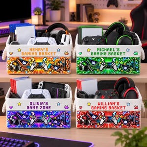 Personalized Gamer Storage Basket, Custom Name Gaming Organizer, Controller Headset Toy Bin for Kids