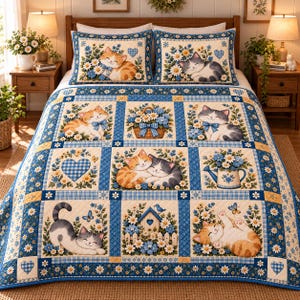 Komplet pościeli dla miłośników kotów, narzuta Daisy Floral Cottagecore, prezent dla kociej mamy, wzór patchworkowy w niebieską kratkę gingham
