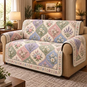 May include: A quilted sofa cover featuring a repeating quatrefoil pattern with floral motifs including daisies, roses, and lavender in soft pastel shades of pink, blue, green, and cream, with a decorative floral border along the edges.