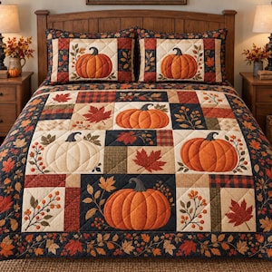 Kürbis-Steppbettwäsche-Set, Herbst-Patchworkdecke, Tagesdecke mit Herbstlaub