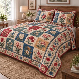 Peut inclure: Un couvre-lit matelassé et deux taies d'oreiller assorties présentant un motif patchwork de carrés floraux dans des tons de rouge, bleu, jaune et crème. Le tissu affiche diverses illustrations botaniques de tulipes, marguerites et fleurs.