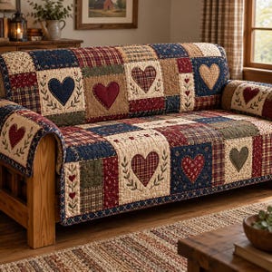 May include: A patchwork sofa cover featuring a quilted design with alternating squares of navy blue, cream, and deep red. The fabric displays repeating heart motifs, floral patterns, and plaid textures, with stitched detailing throughout the entire surface.