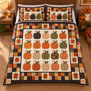 May include: A quilt and two matching pillow shams featuring a grid of pumpkins in various autumn-themed patterns, including plaid, floral, and sunflower prints. The border consists of a patchwork design with star motifs in orange, navy, and gold.