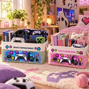 Personalized Gamer Storage Basket, Custom Name Gaming Organizer, Video Game Room Toy Bin
