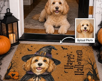 Personalized Halloween Dog Doormat, Custom Pet Photo Witch Mat, Spooky Dog Lover Porch Decor