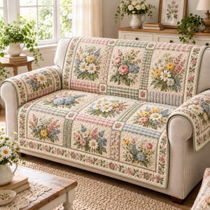 Puede incluir: Una funda de sofá acolchada con un diseño de patchwork que presenta paneles de color crema decorados con ramos de flores de margaritas, rosas y lavanda. La tela incluye bordes a cuadros verdes y rosas y un ribete de enredaderas.