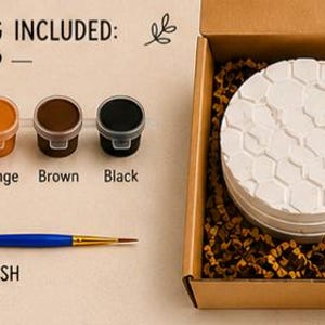 Puede incluir: Un kit de manualidades que incluye cuatro posavasos redondos blancos con un patrón de panal en relieve, cinco botes de pintura pequeños etiquetados como marfil, amarillo, naranja, marrón y negro, y un pincel azul en una caja de cartón.