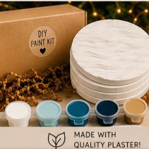 May include: A DIY paint kit featuring a brown cardboard box with a circular sticker labeled DIY PAINT KIT and a heart icon. Included are five round white plaster coasters with a wavy texture and five small paint pots in white, light blue, blue, dark blue, and tan.