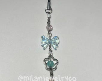 handmade baby blue phone charm, bow flower beads