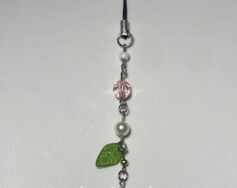 handmade, pretty pink and white flower themed phone charm