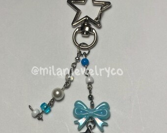 handmade beaded keychain, blue and white