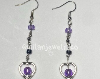 handmade purple and black heart earrings