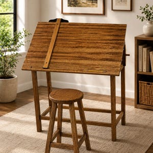 Handmade Wooden Drafting Table with Matching Stool, Adjustable Tilt Artists Desk, Architect Drawing Table, Solid Wood Studio Furniture