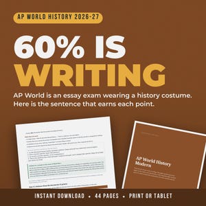 Peut inclure: Un guide éducatif marron intitulé AP WORLD HISTORY 2026-27 avec le texte 60% IS WRITING et AP World is an essay exam wearing a history costume. Il comprend deux pages blanches avec du texte, l'une montrant un essai et l'autre AP World History Modern.