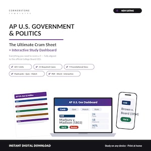 Może przedstawiać: Cyfrowa pomoc naukowa do AP U.S. Government & Politics zawierająca arkusz powtórkowy i interaktywny pulpit nawigacyjny. Ekran pokazuje listę jednostek, pulpit z danymi sprawy Marbury v. Madison oraz widok mobilny Brown v. Board.
