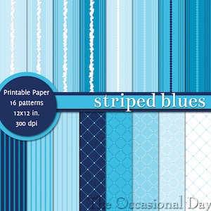 PRINTABLE Paper 12x12 inch - Striped Blues - Blue & White  - INSTANT DOWNLOAD