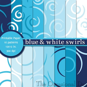 PRINTABLE Paper 12x12 inch - Blue Swirls - Blue & White  - INSTANT DOWNLOAD