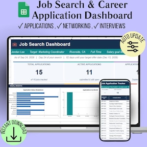May include: A digital job search and career application dashboard displayed on a laptop screen and a smartphone. The interface features data visualizations, application status breakdowns, and a list of tracked job applications with columns.