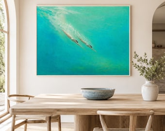 Dipinto ad olio di nuotatori subacquei, quadro da parete costiero turchese, due sub su tela, arredamento moderno per casa al mare