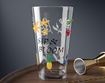 Sip & Bloom Floral Mixing Glass, 16 oz Botanical Barware, Colorful Fruit Design