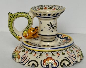 Vintage French Rouen Faience Candlestick Hand Painted Fait Main Chamberstick