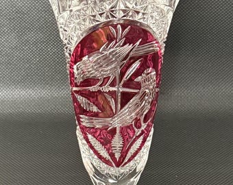 Vintage Hofbauer Byrdes Collection Ruby Red Cut to Clear Lead Crystal 10" Bird Vase