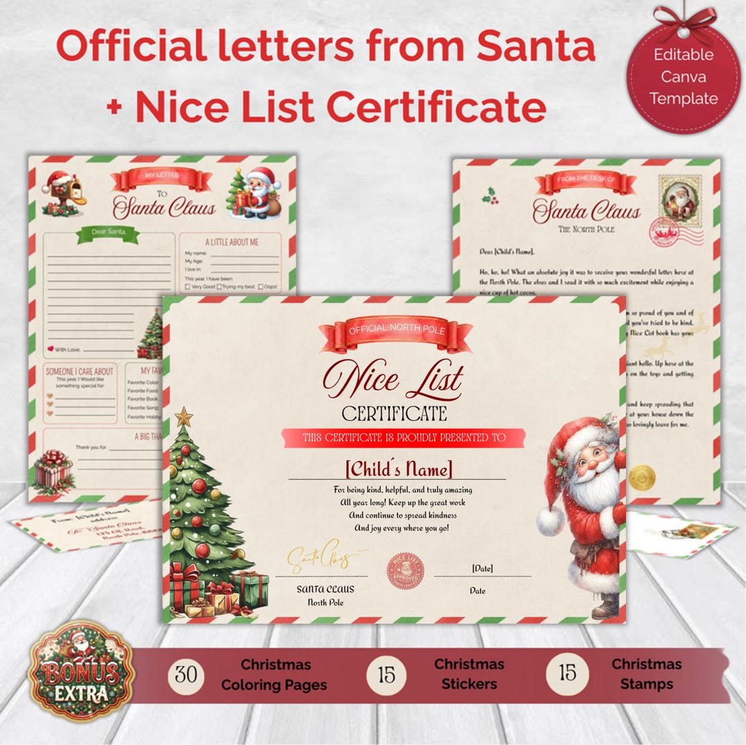 Editable Santa Letter Kit, Nice List Certificate, Christmas Eve ...