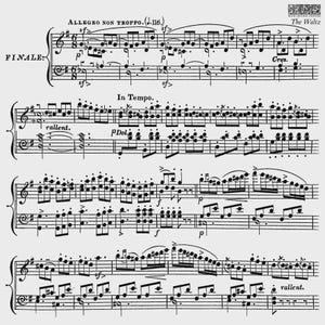 May include: Sheet music for "The Waltz" with musical notation, including treble clef, notes, and dynamic markings like "sf" and "p." The text includes "ALLEGRO NON TROPPO" and "FINALE."