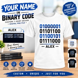 Può includere: Una maglietta bianca con una stampa grafica di codice binario in inchiostro blu e nero. La sequenza binaria è disposta su quattro righe, seguita dal nome ALEX stampato in lettere maiuscole nere sotto il codice.