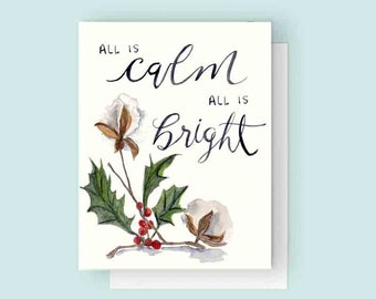 All is Calm All is Bright Christmas Greeting Card | Watercolor Christmas Card | Watercolor Cotton Card | Cotton Art | Holiday Card