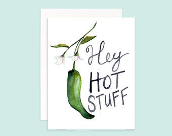 Hey Hot Stuff Greeting Card | Anniversary Card | Watercolor Peppers | Watercolor Card | Watercolor Jalapeno | Jalapeno Pepper