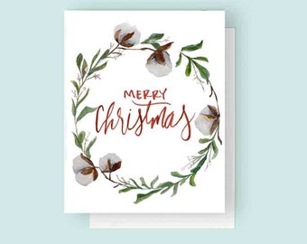 Cotton Wreath Holiday Greeting Card | Watercolor Wreath | Watercolor Cotton Card | Cotton Wreath | Farmhouse Christmas Card