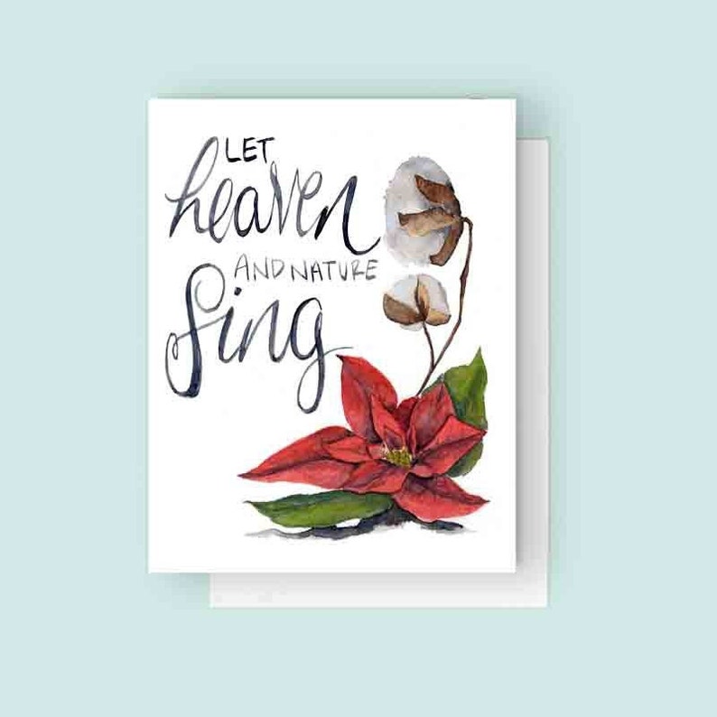 Let Heaven and Nature Sing Holiday Card Christmas Card Watercolor Christmas Greeting Poinsettia Art Watercolor Poinsettia image 1