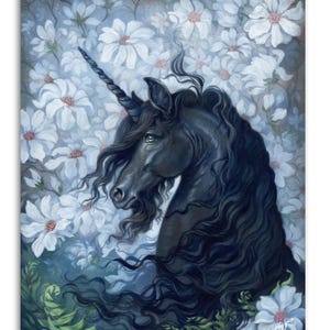 Black Springtime Unicorn Art Print