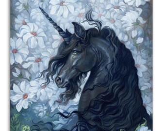 Black Springtime Unicorn Art Print