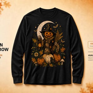 May include: A black long-sleeve shirt featuring a graphic illustration of a pumpkin-headed scarecrow wearing a hat, holding a lantern and wheat, surrounded by pumpkins, autumn leaves, mushrooms, a crow, and a crescent moon under a night sky.