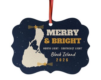 Merry & Bright Block Island Lighthouses Ornament 2026, Aluminum Christmas Keepsake