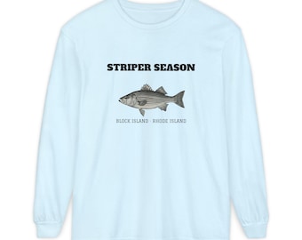Striper Season Long Sleeve Block Island Striped Bass Tee Garment Dyed Rhode Island Gift