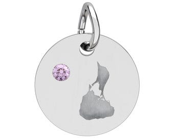 Charm de Block Island con piedra natal, charm de isla grabado, tono dorado o plateado, regalo de joyería de Rhode Island, solo el charm