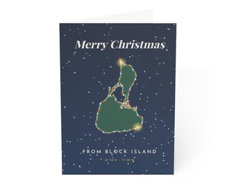 Tarjetas navideñas de Block Island, Feliz Navidad desde Block Island, Tarjetas navideñas plegables de 5x7 pulgadas con sobres