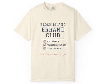 Camiseta de Block Island, Camiseta Comfort Colors del Club de Errand, Oficina de Correos, Estación de Transferencia, Conoce el Barco