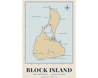 Mapa de Block Island impreso, póster estilo carta náutica, arte de pared de New Shoreham, Rhode Island, decoración para casa de playa
