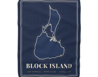 Manta de Block Island, manta de forro polar Sherpa con mapa, contorno de la isla azul marino, regalo para casa de playa en Rhode Island