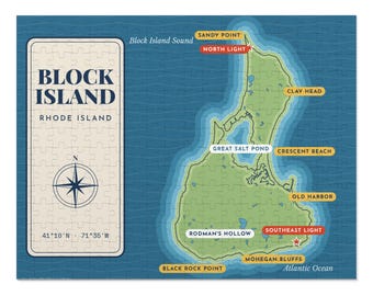 Rompecabezas del mapa de Block Island, de 252, 500 o 1000 piezas, en lata de regalo, Rhode Island Gift
